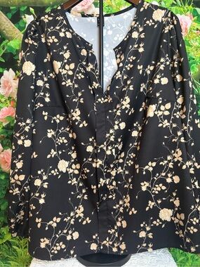 SHEIN Black Blouse with Cream Floral Pattern